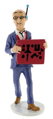 figurine of a man holding a sign with chinese characters on it