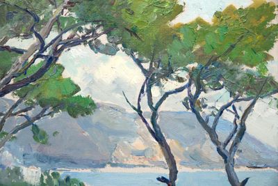 a painting of some trees near a body of water