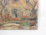 an oil painting of a house with a garden and trees in front of it