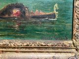 a painting of a boat in the water with people on it