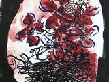 drawing of a vase with red flowers in it on a white surface