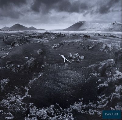 une photo en noir et blanc d'un chien qui court dans un champ