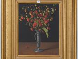 an oil painting of a vase with flowers in it on a table