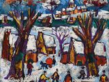 une peinture à l'huile représentant un groupe de personnes jouant dans la neige