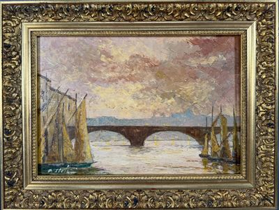 Pierre STEFANI (1938). Voiliers et pont depuis la rive.