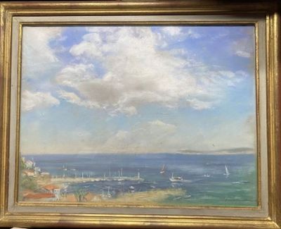painting of a view of a bay with sailboats in the water