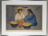 painting of two women sitting on the ground with bowls of food in front of them