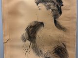 un vieux dessin représentant une femme vêtue d'un manteau de fourrure et d'un chapeau