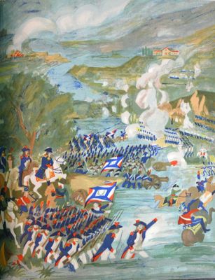 un tableau représentant une bataille avec un grand groupe d'hommes