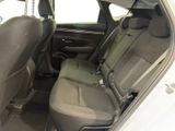the back seats of a white car with a black seat belt