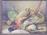 tableau représentant une nature morte avec des faisans, des pommes et une bouteille