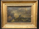 une peinture à l'huile représentant un bateau sur un plan d'eau, avec un château en arrière-plan