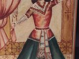 an image of a painting of a woman in a red and green dress