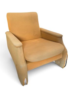 an image of a chair with a wooden frame and a tan upholstered seat