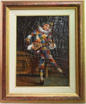 painting of a clown in a suit with a tennis racquet in his hand