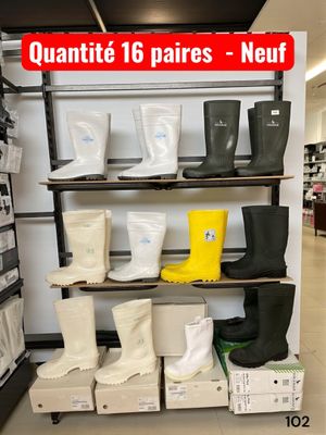many pairs of rain boots on the shelves in the store