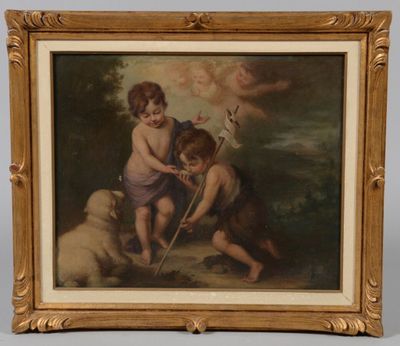 un tableau représentant deux enfants jouant avec un chien dans un champ