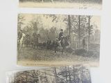 three old black and white photos of people riding horses in the woods