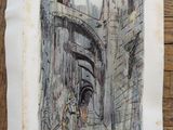 a drawing of a man and a woman walking down a street