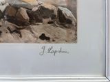 a picture of a painting of a dog laying on a beach