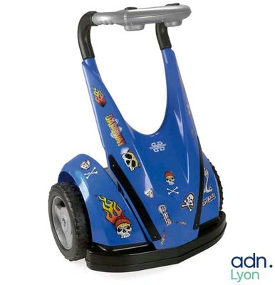 a blue scooter with a skull and crossbones on it