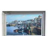 a picture of a painting of boats docked in a harbor
