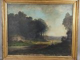 une peinture à l'huile représentant un paysage avec des arbres et une rivière au premier plan