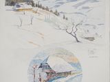 dessin représentant un paysage enneigé avec une maison au centre de l'image