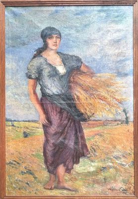 an oil painting of a woman carrying a bundle of hay