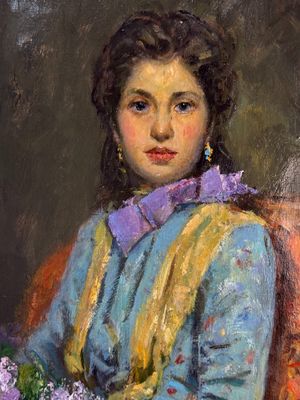 une peinture à l'huile représentant une femme en robe bleue tenant un bouquet de fleurs
