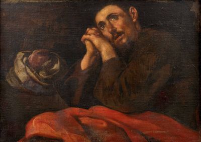 un vieux tableau représentant un homme assis sur une chaise, la main posée sur le menton