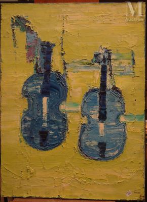 tableau jaune et bleu représentant un violon et un violoniste