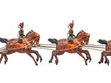 four figurines of horses pulling a carriage with a man on it
