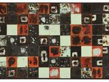 an image of a black and red tiled wall with many different images