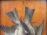 peinture représentant un oiseau mort suspendu à une ficelle sur un mur en bois