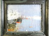 an oil painting of a boat in a body of water with a city in the background