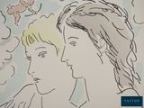 a drawing of a man and a woman looking at each other