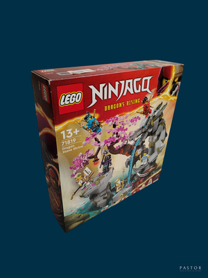 une boîte de figurines Lego Ninja sur fond bleu