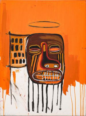 an orange painting of a face with a halo on top of it