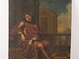 a painting of a man sitting on a ledge with a building in the background