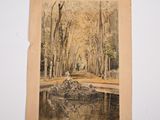 an old photo of a pond in a park with trees