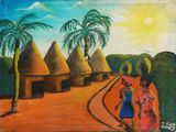 tableau représentant deux femmes marchant sur un chemin de terre devant des huttes au toit de chaume
