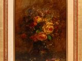 painting of a vase of flowers on a table in a gold frame