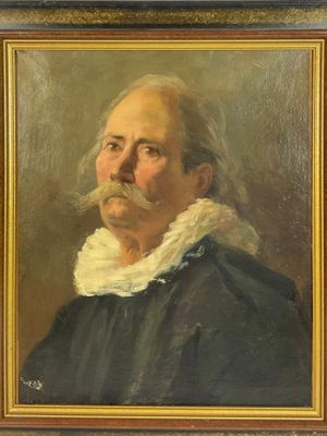 une peinture à l'huile représentant un homme moustachu vêtu d'un manteau noir