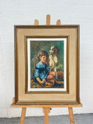 painting of a young girl with a dog on a easel