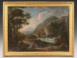 a painting of a landscape with a river and mountains in the background