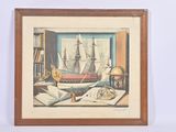 painting of a ship in a room with books and a lamp