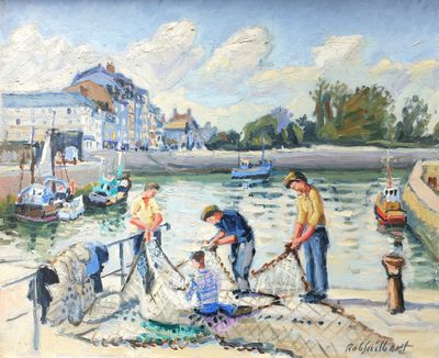a painting of a group of people working on a boat