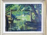 a painting of a boat on the water by a tree