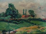 an image of a painting of a landscape with a house on a hill